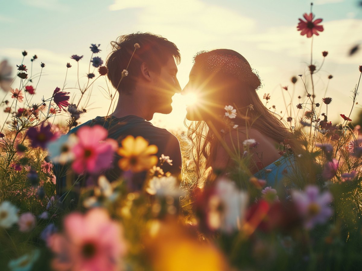 Verliebtes P&auml;rchen bei Sonnenuntergang auf einer Blumenwiese