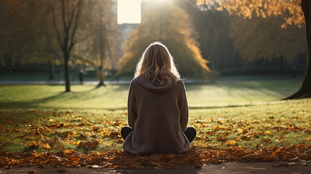 Frau im Park, die im Schneidersitz auf dem Rasen sitzt