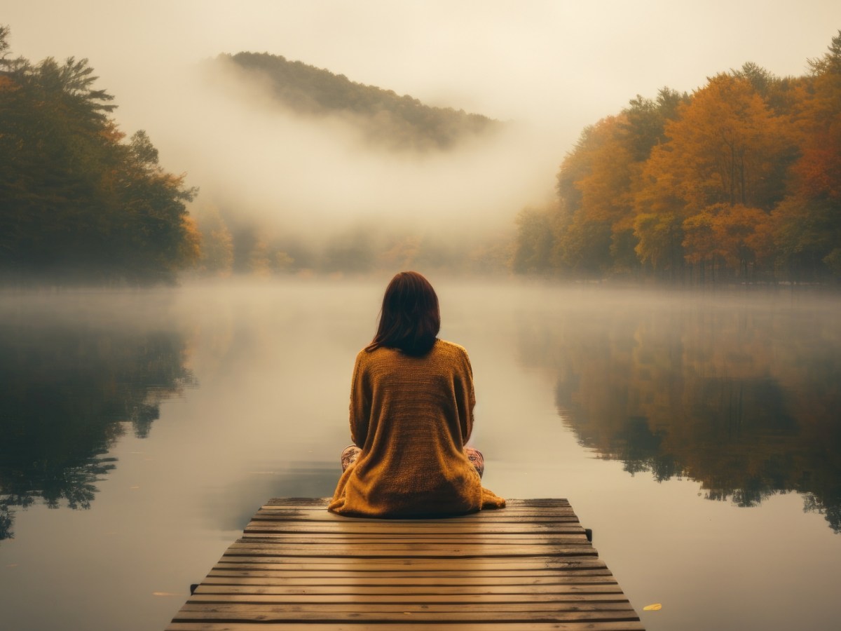 Frau auf einem Steg vor einem See im Herbst