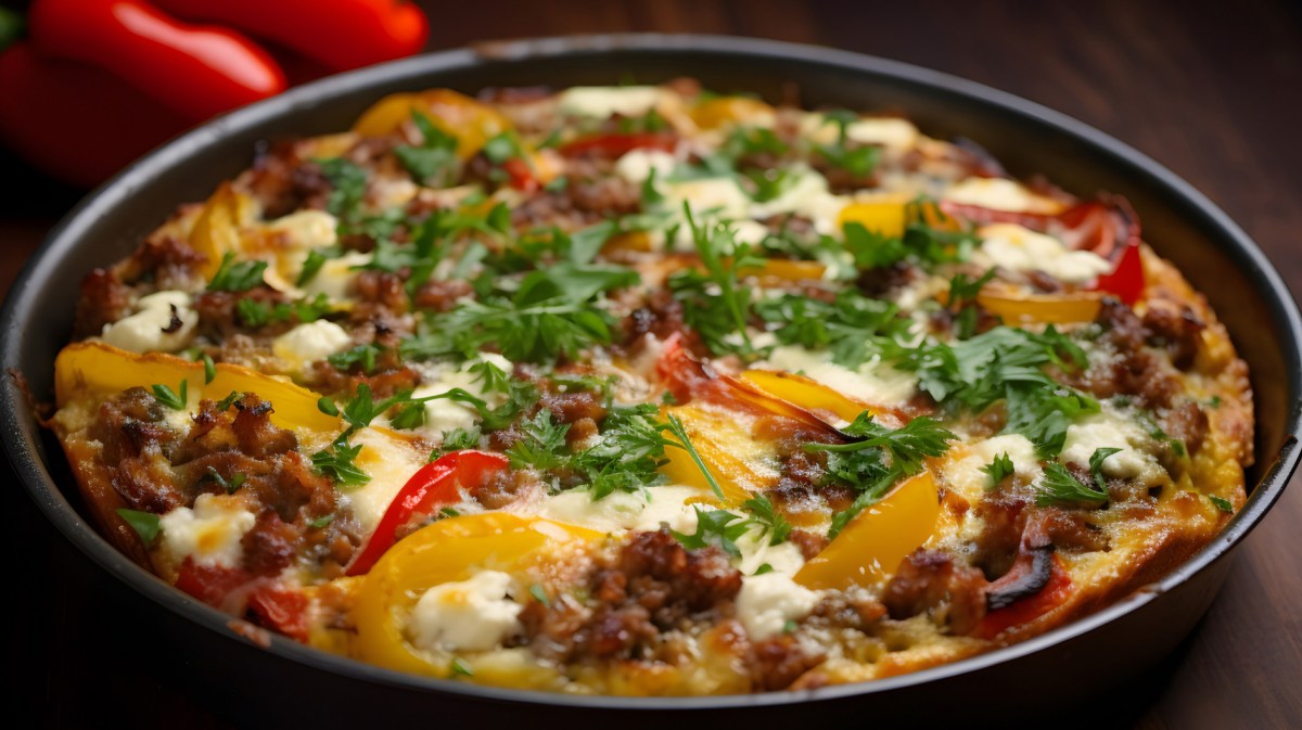 Auflauf mit Hackfleisch, Feta, Paprika und Tomaten.