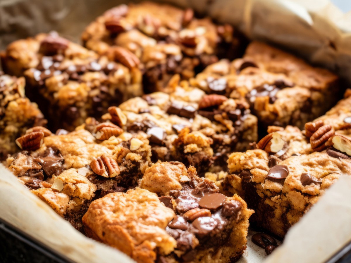 Blondies auf Backblech mit Pekannüssen und Schokolade.