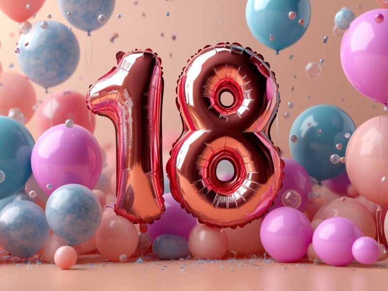 KI generiertes Bild von einem Luftballon der Zahl 18 vor weiteren bunten Ballons.
