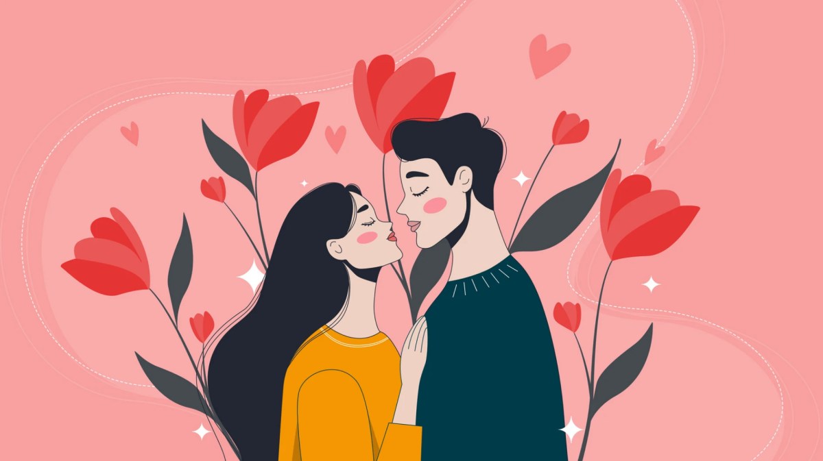 Grafik von einem Paar mit Blumen im Hintergrund