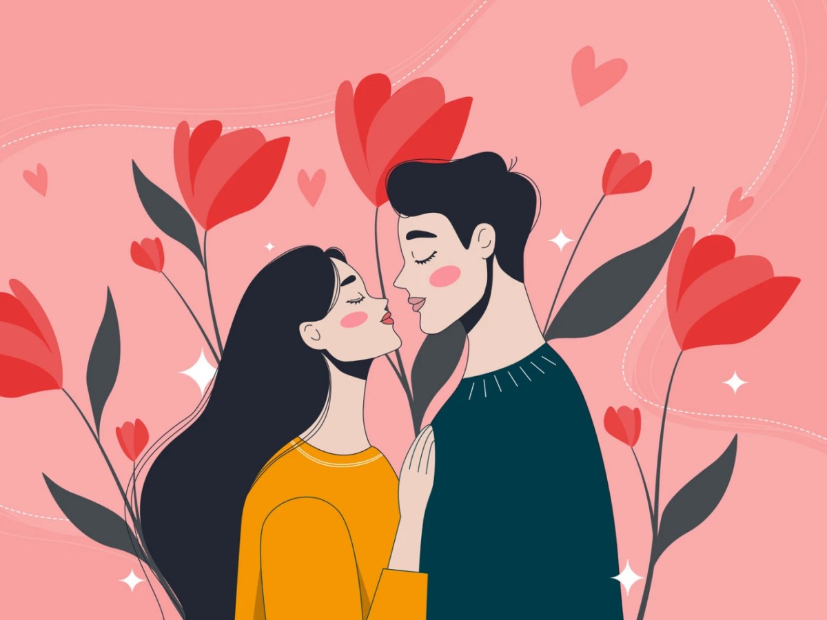 Grafik von einem Paar mit Blumen im Hintergrund