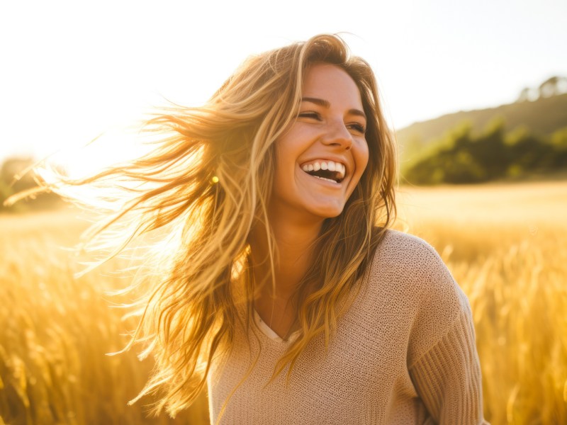 Frau auf einem Feld, die lacht und zur Seite schaut