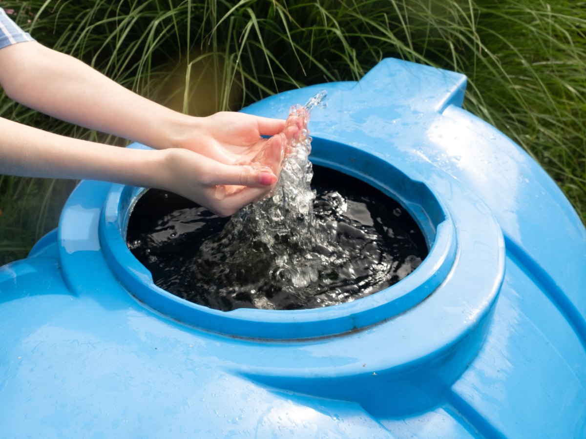 Frau h&auml;lt H&auml;nde in Wasser einer blauen Regentonne