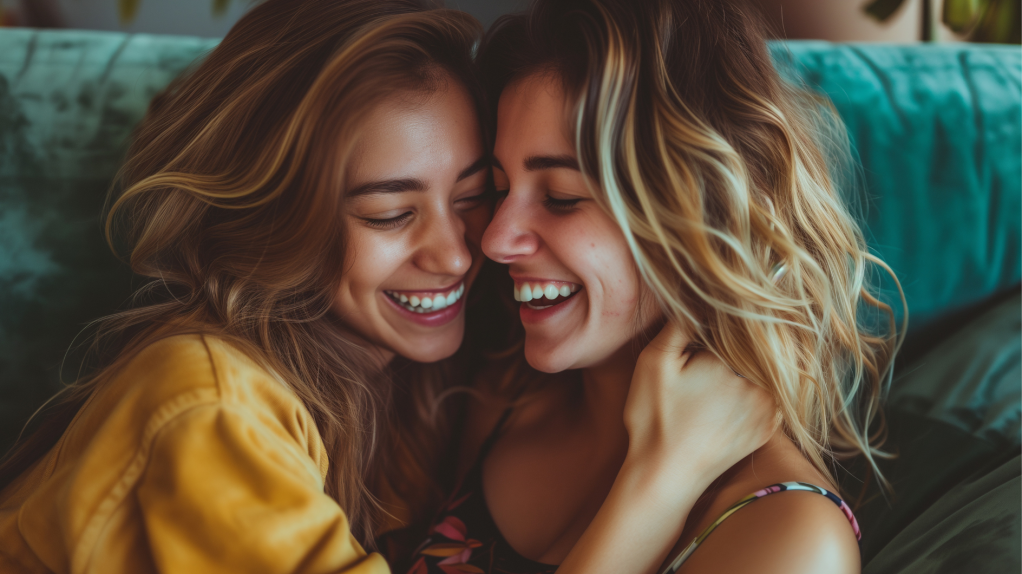 Lesbisches Pärchen, das sich in den Armen hält