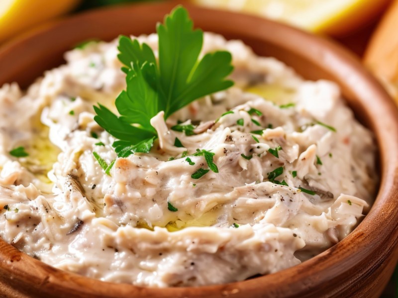 Thunfisch-Dip in brauner Tonschale.