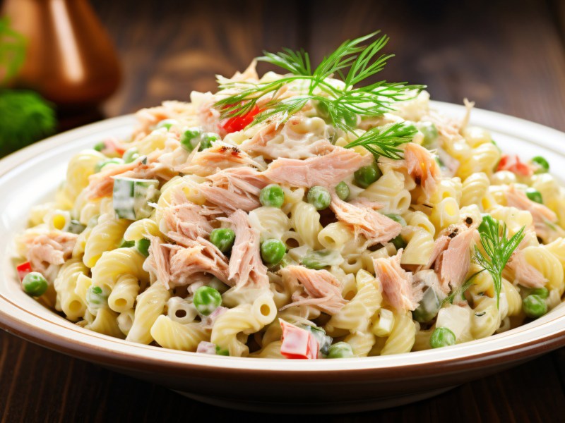 Nudelsalat mit Thunfisch und Joghurtrdressing auf einem weißen Teller.