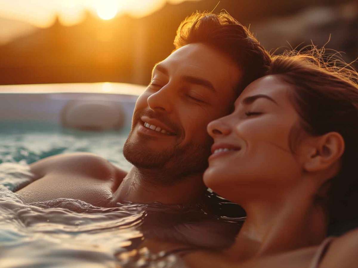 Verliebtes Paar liegt nebeneinander im Whirpool.