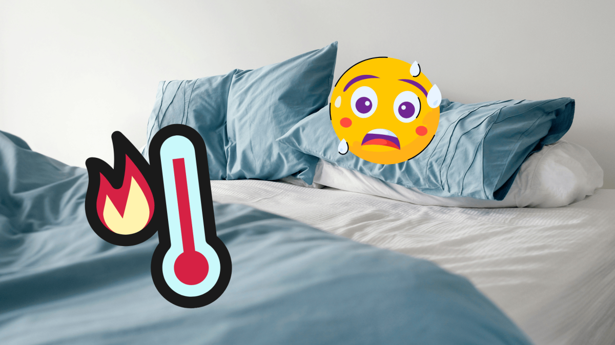 Ungemachtes Bett mit Hitze-Emoji und Thermometer-Zeichnung