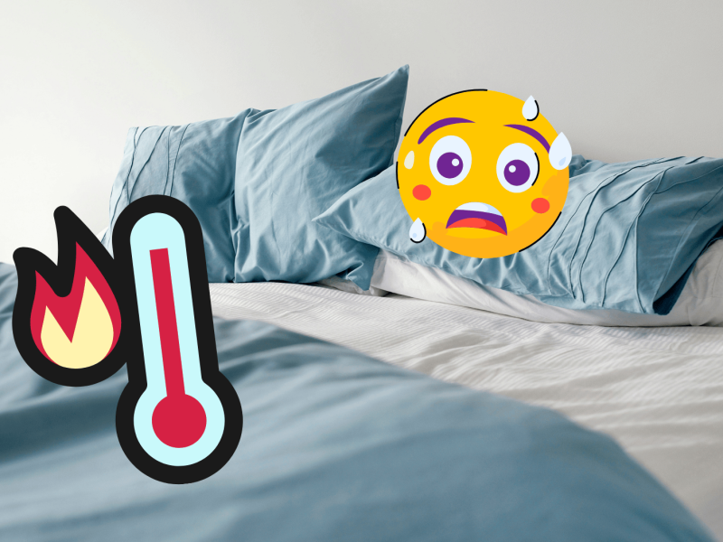Ungemachtes Bett mit Hitze-Emoji und Thermometer-Zeichnung