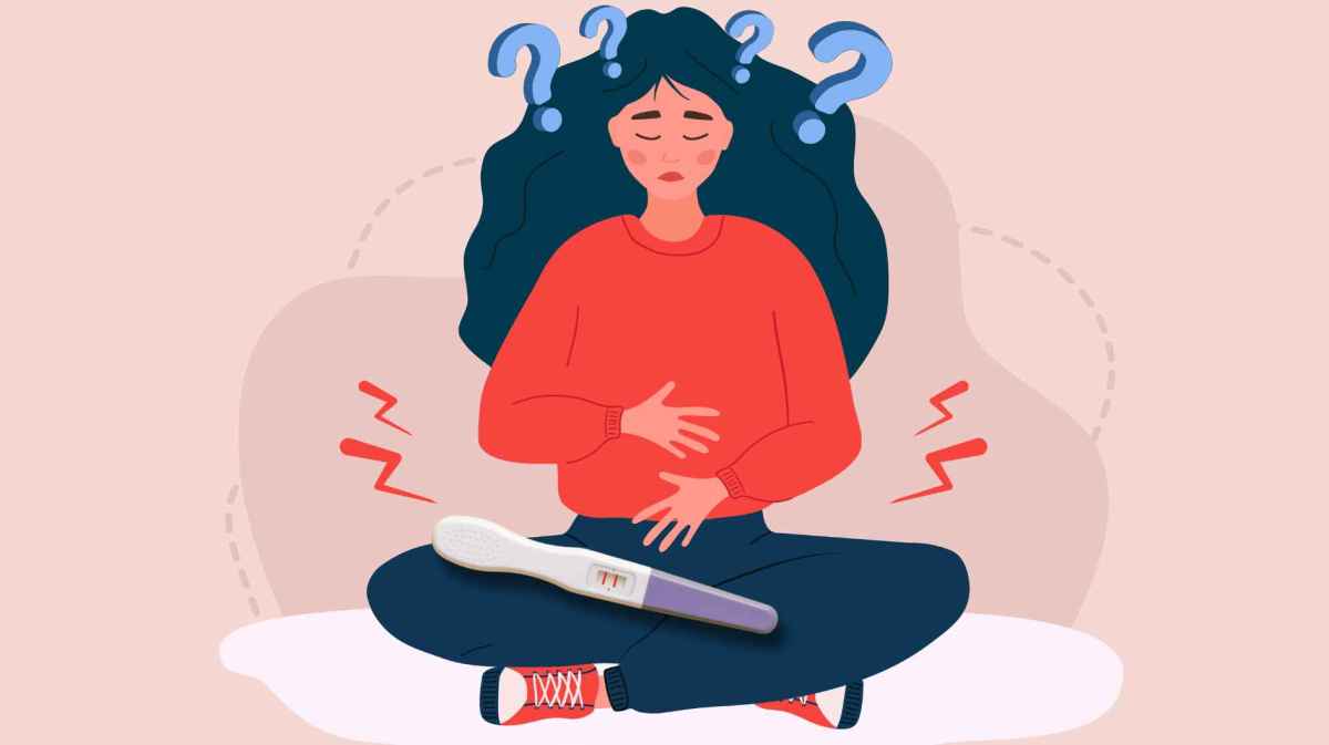 Grafik einer nachdenklichen Frau im roten Pullover mit Hand auf dem Bauch, umgeben von Fragezeichen, neben ihr ein positiver Schwangerschaftstest.