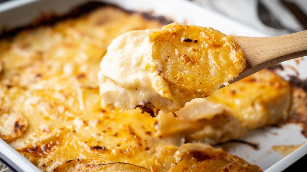 Kartoffelgratin in großer Auflaufform.