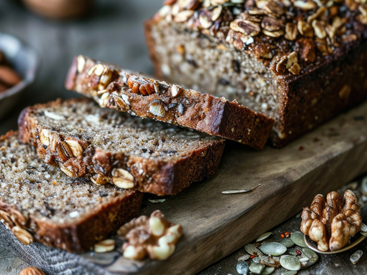 Angeschnittenes K&ouml;rnerbrot auf einem Holzbrett.