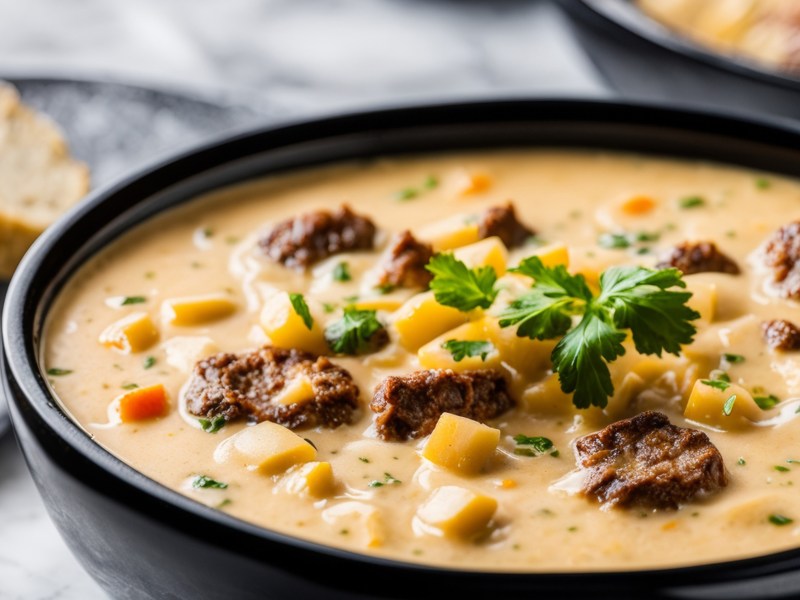 Cremige Cheeseburger Suppe mit Käse und Hackfleisch in schwarzer Schüssel.