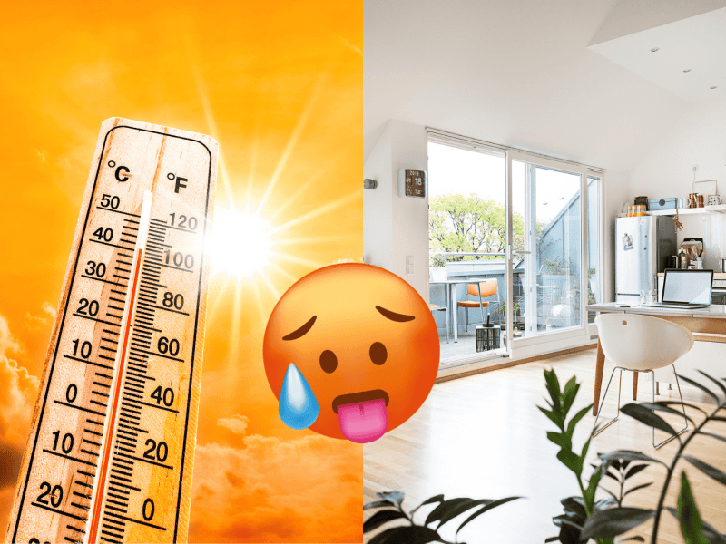 Dachgeschosswohnung und daneben ein steigendes Thermometer vor einer Sonne.