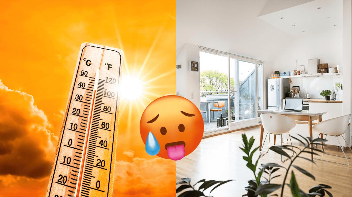 Dachgeschosswohnung und daneben ein steigendes Thermometer vor einer Sonne.