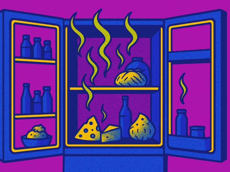 Illustration eines geöffneten Kühlschranks, der stinkt.