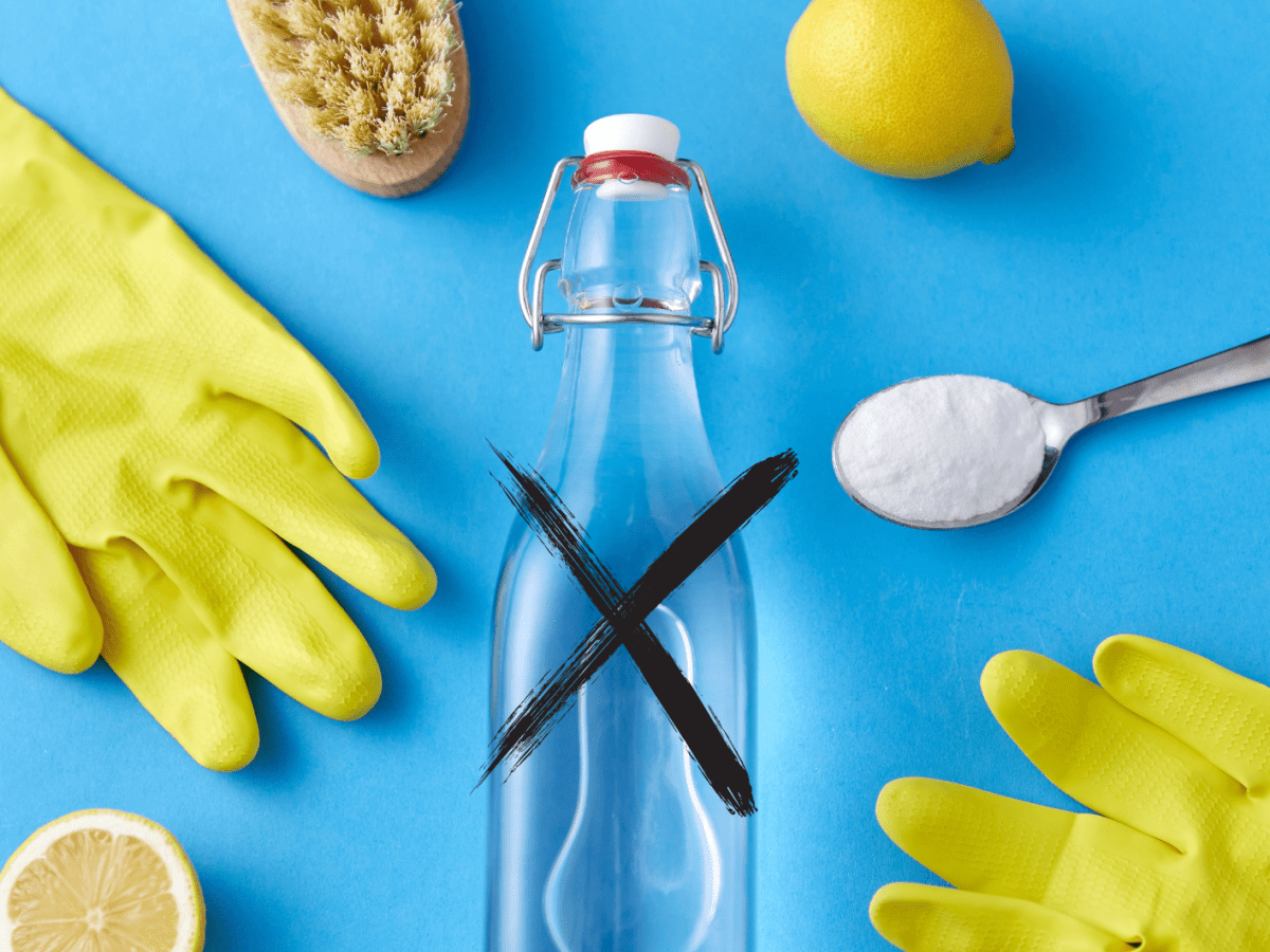 Handschuhe, Zitrone, eine Flasche Essig und Natron auf einem L&ouml;ffel liegen vor einem blauen Hintergrund