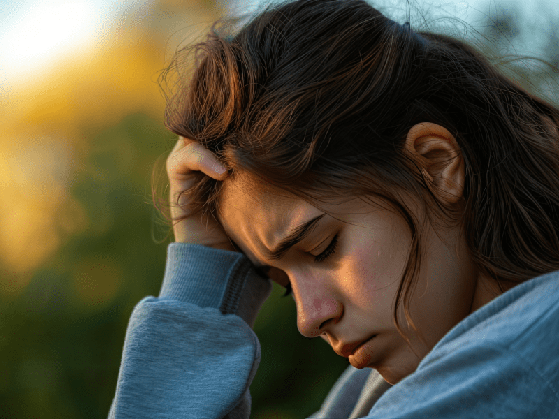 Frau auf einer Bank, die sich mit runzelnder Stirn an den Kopf packt.