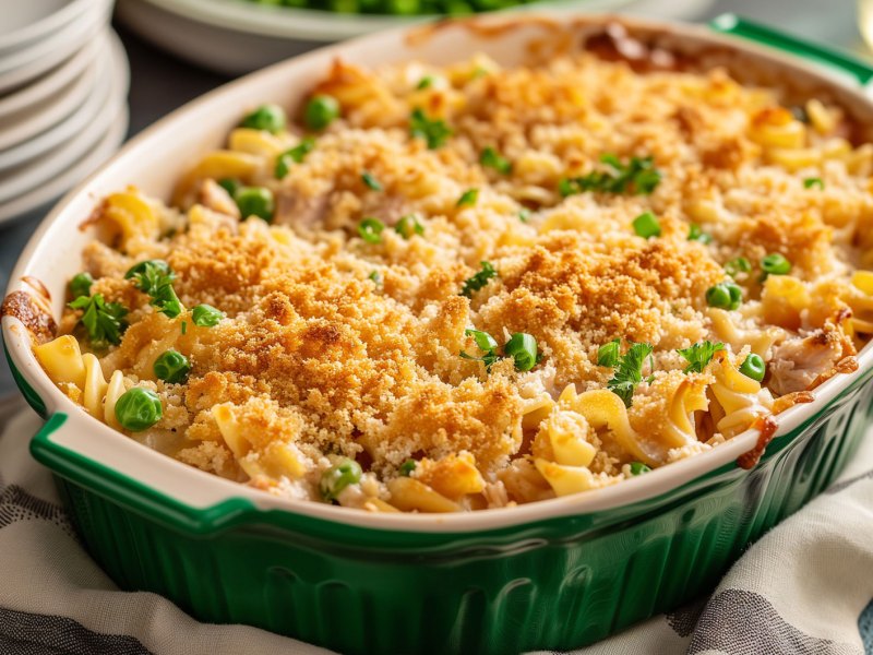Thunfisch-Nudel-Auflauf in einer grünen Auflaufform.