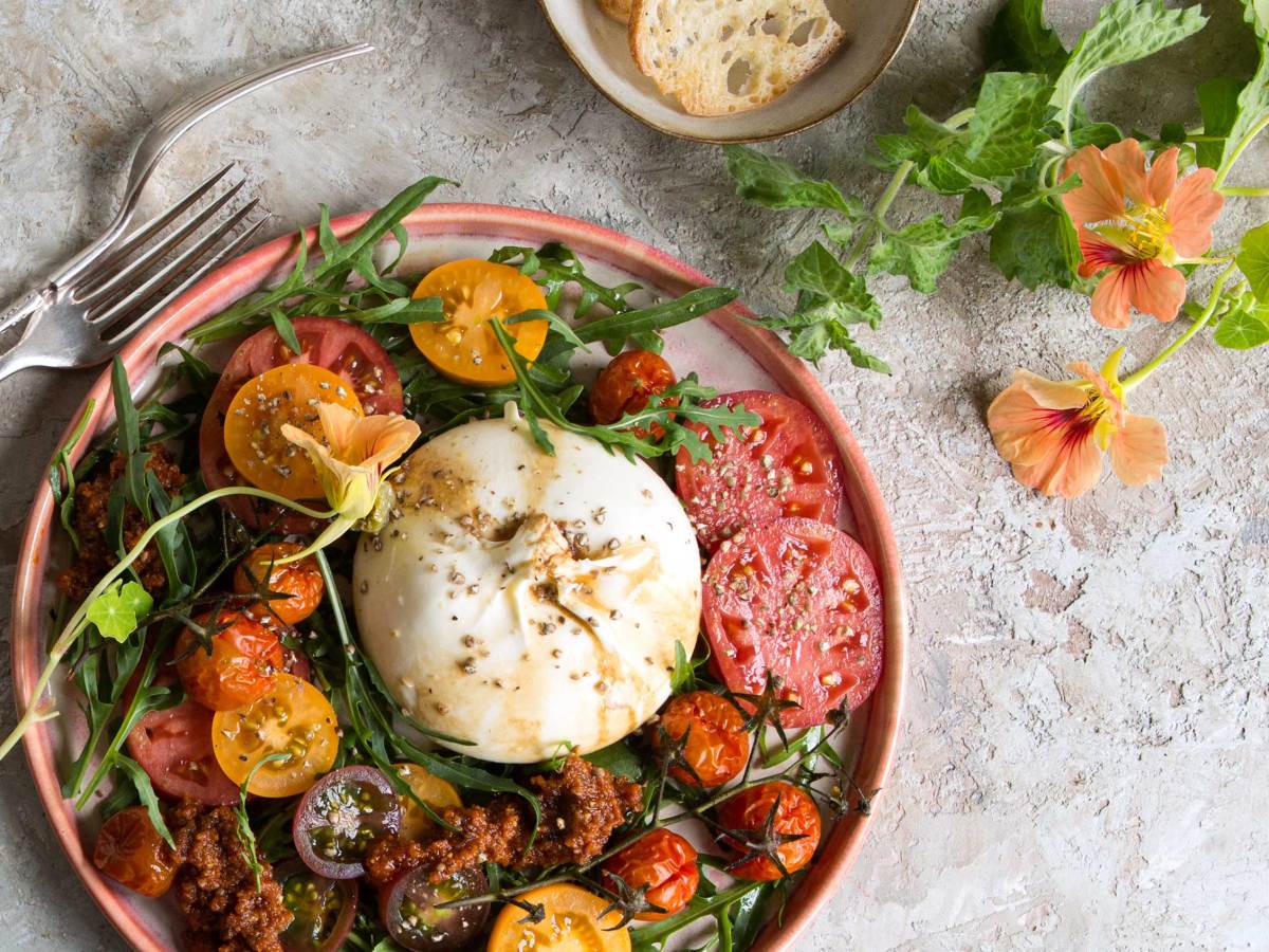 Teller mit italienischem K&auml;se Burrata mit Tomaten und Tomatenpesto auf dem Leuchttisch