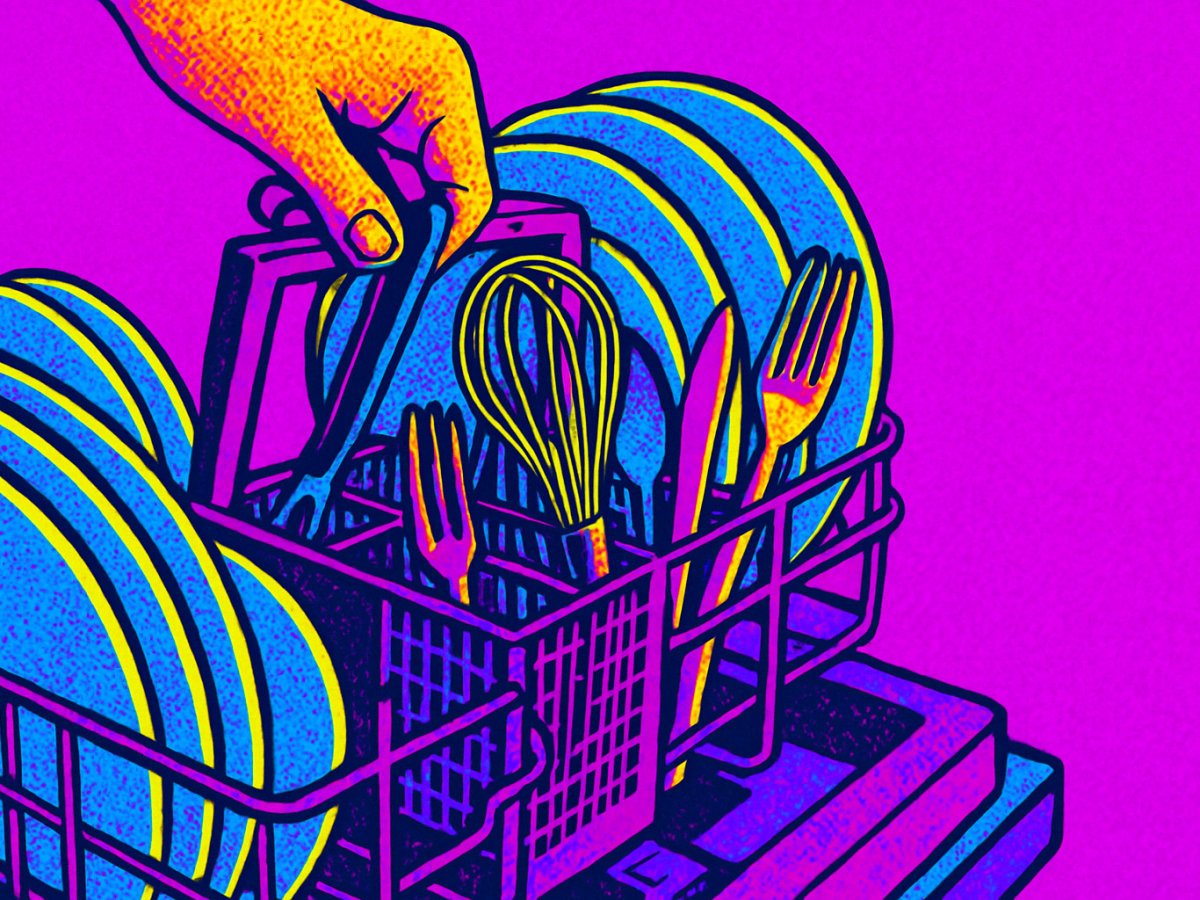 Popart Bild einer Hand, die Spülmaschine einräumt