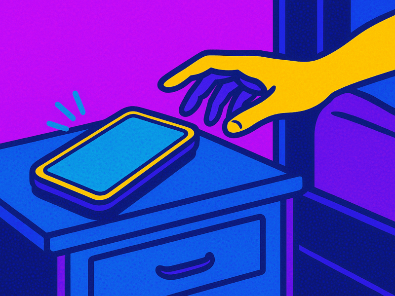 Pop Art Bild eines Smartphones auf Nachttisch, Hand greift danach