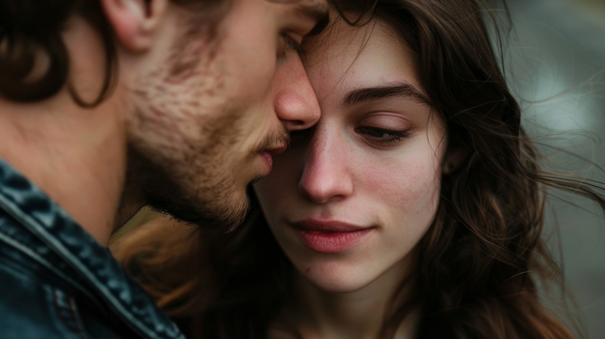 Frau und Mann, die sich nahe stehen und gegenseitig anschauen.