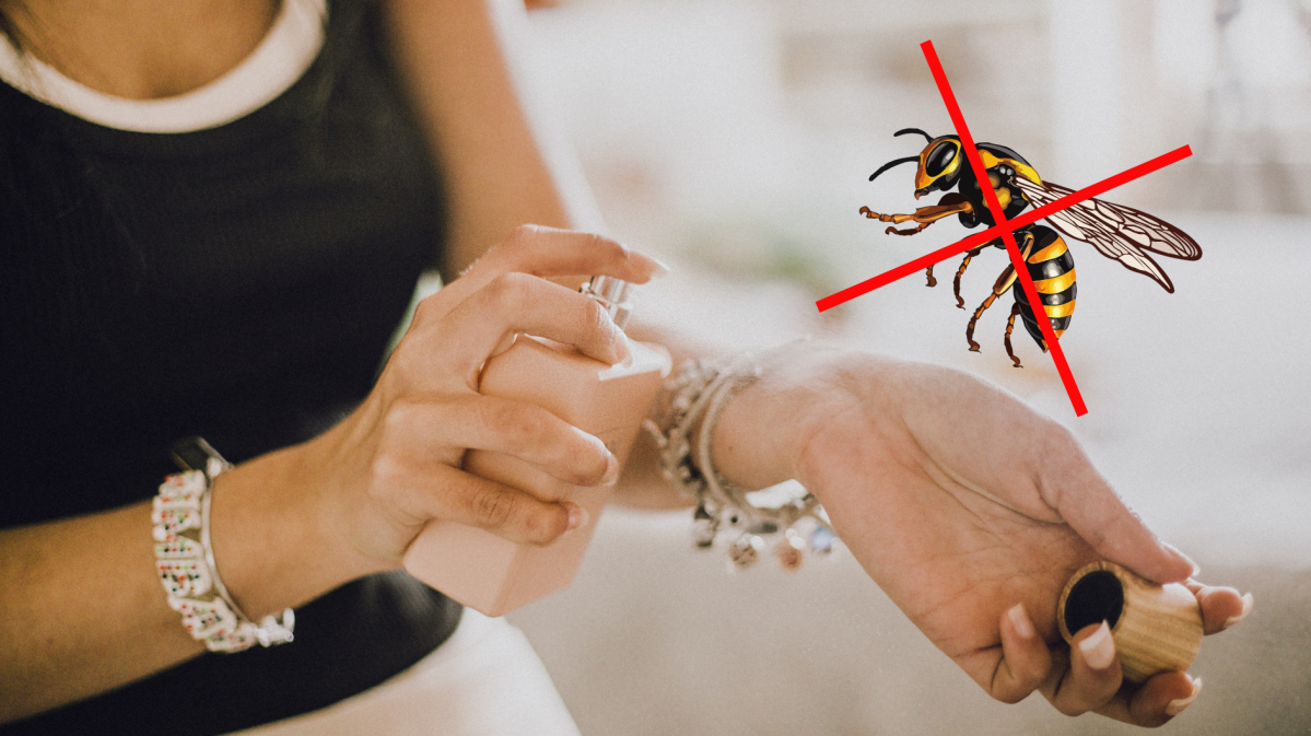 Frau, die sich ein Parfum aufs Handgelenk sprüht und daneben eine durchgestrichene Wespe