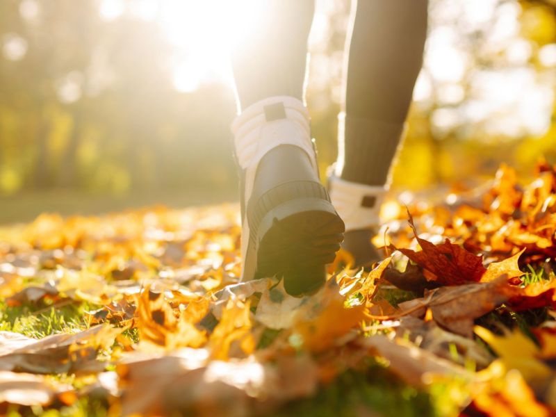 Frau mit Wanderschuhen läuft durch den Wald im Herbst.