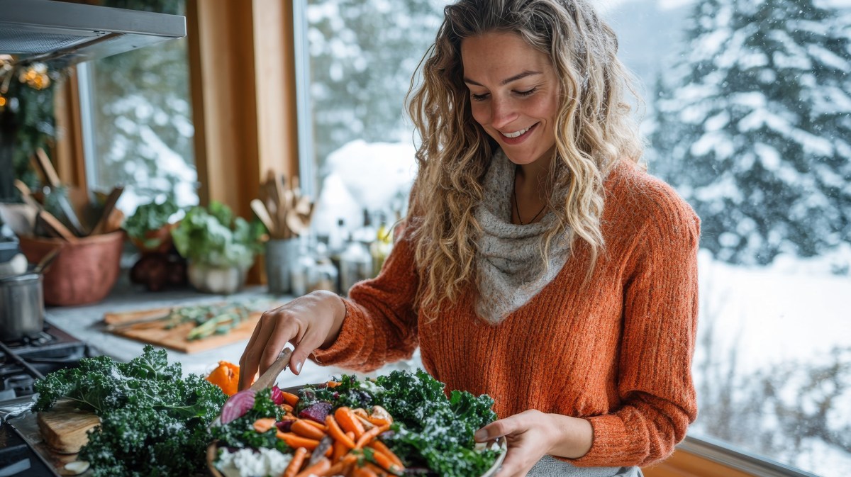 Lächelnde Frau in rustikaler Küche richtet in Schüssel mit Karotten, Grünkohl und Hüttenkäse an, draußen schneebedeckte Bäume.