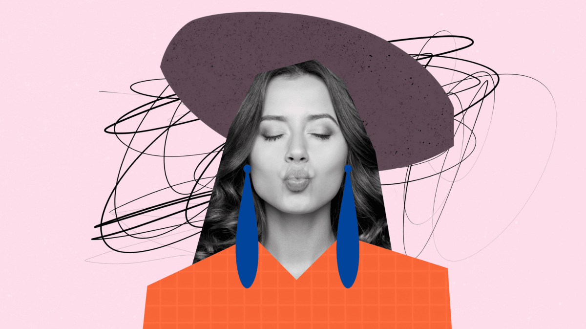 Collage von einer Frau mit blauen Ohrringen.