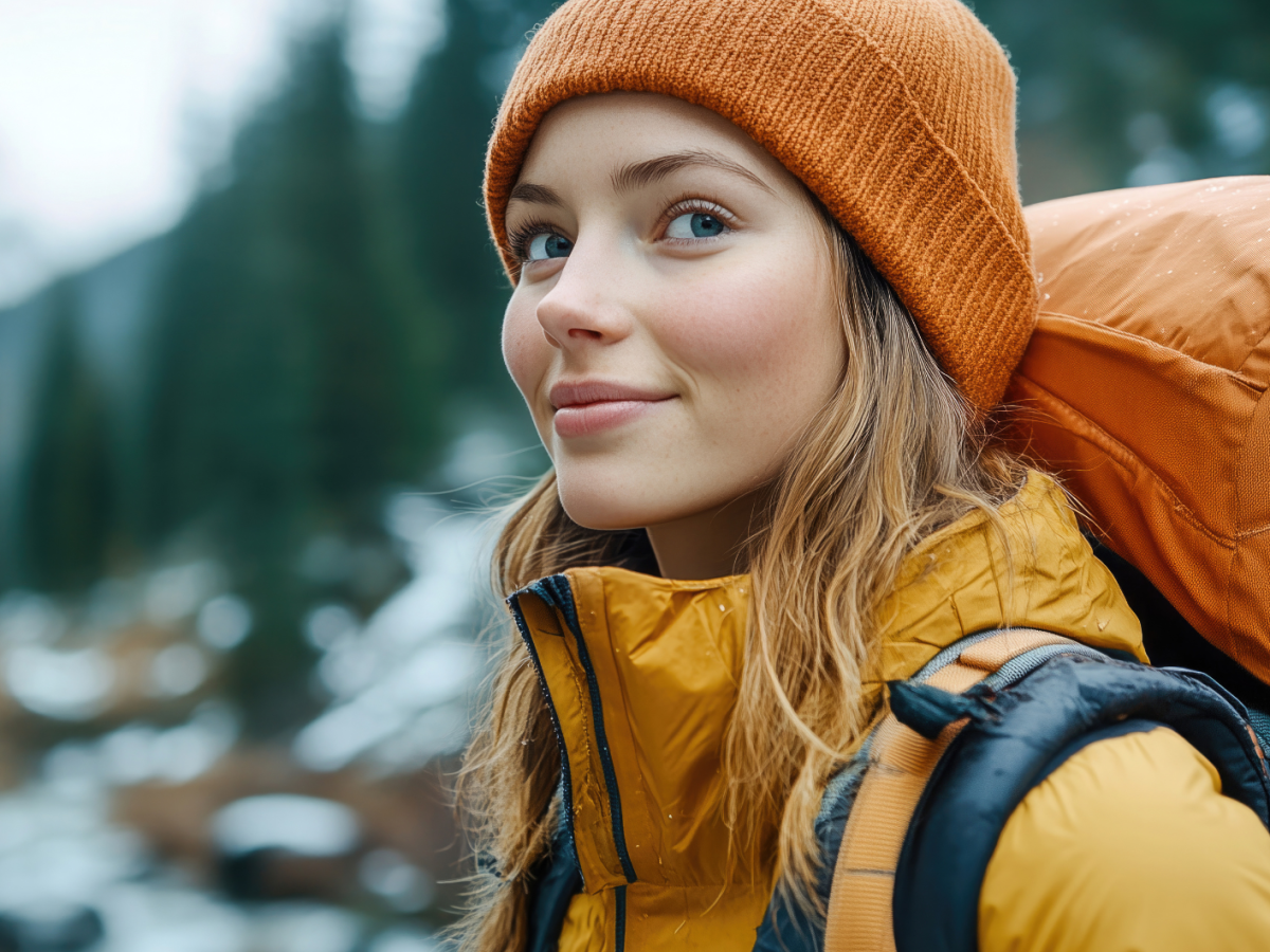 KI-generierte Frau in den Bergen, mit Rucksack auf den Armen, die sich l&auml;chelnd umdreht.