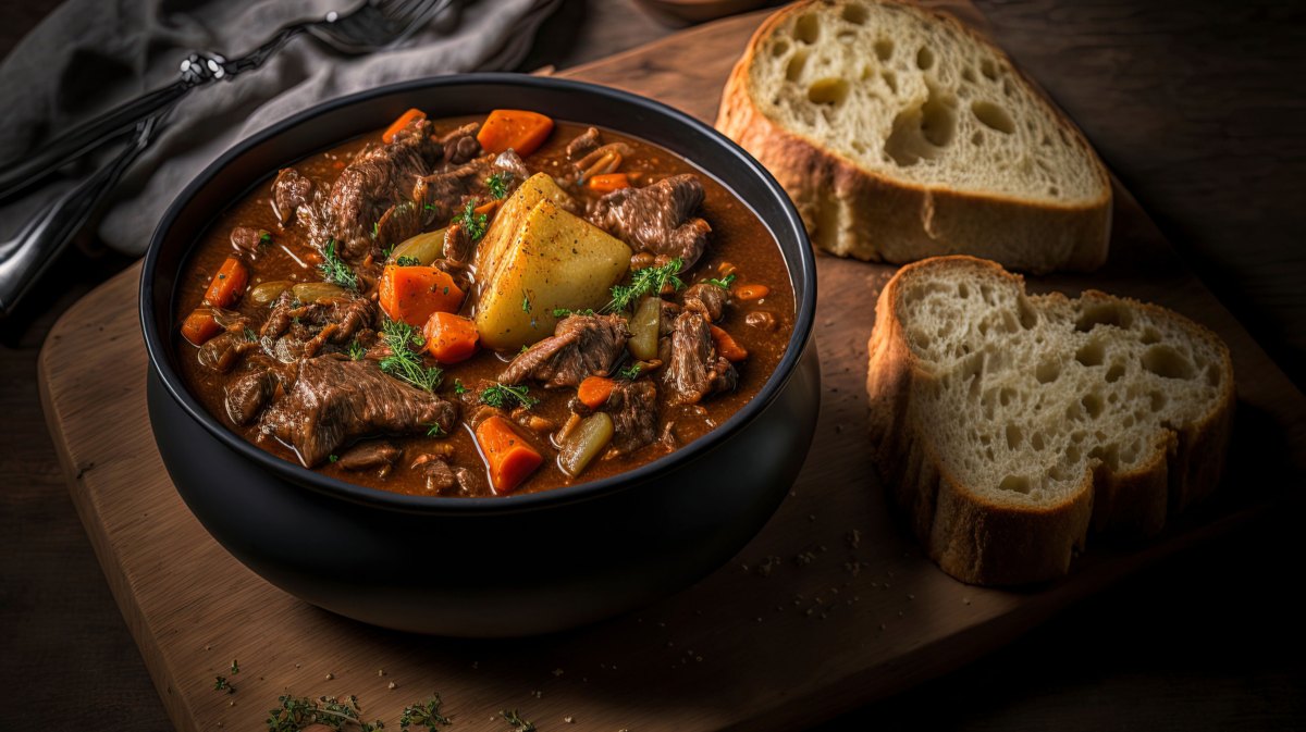 Winzertopf Gericht in einer Schale angerichtet mit Brot