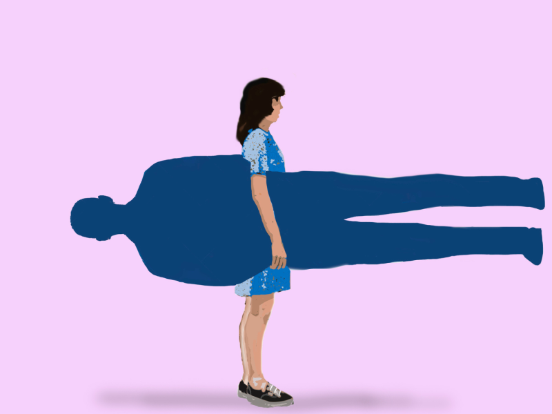 Grafik mit einer Frau, die einen Mann unter dem Arm trägt