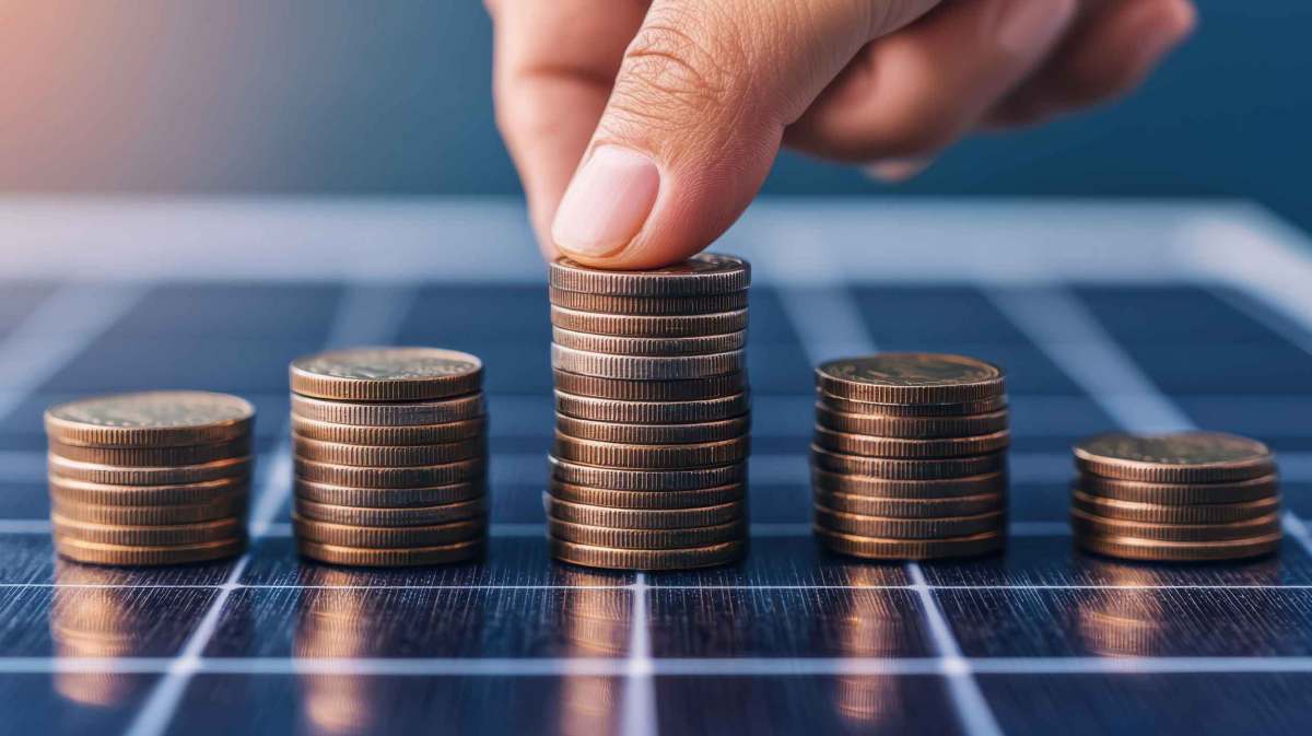 Eine Hand mit hellem Teint stapelt Münzen in gleichmäßigen Stapeln auf einer glänzenden Solarzellen-Oberfläche bei warmem Licht.