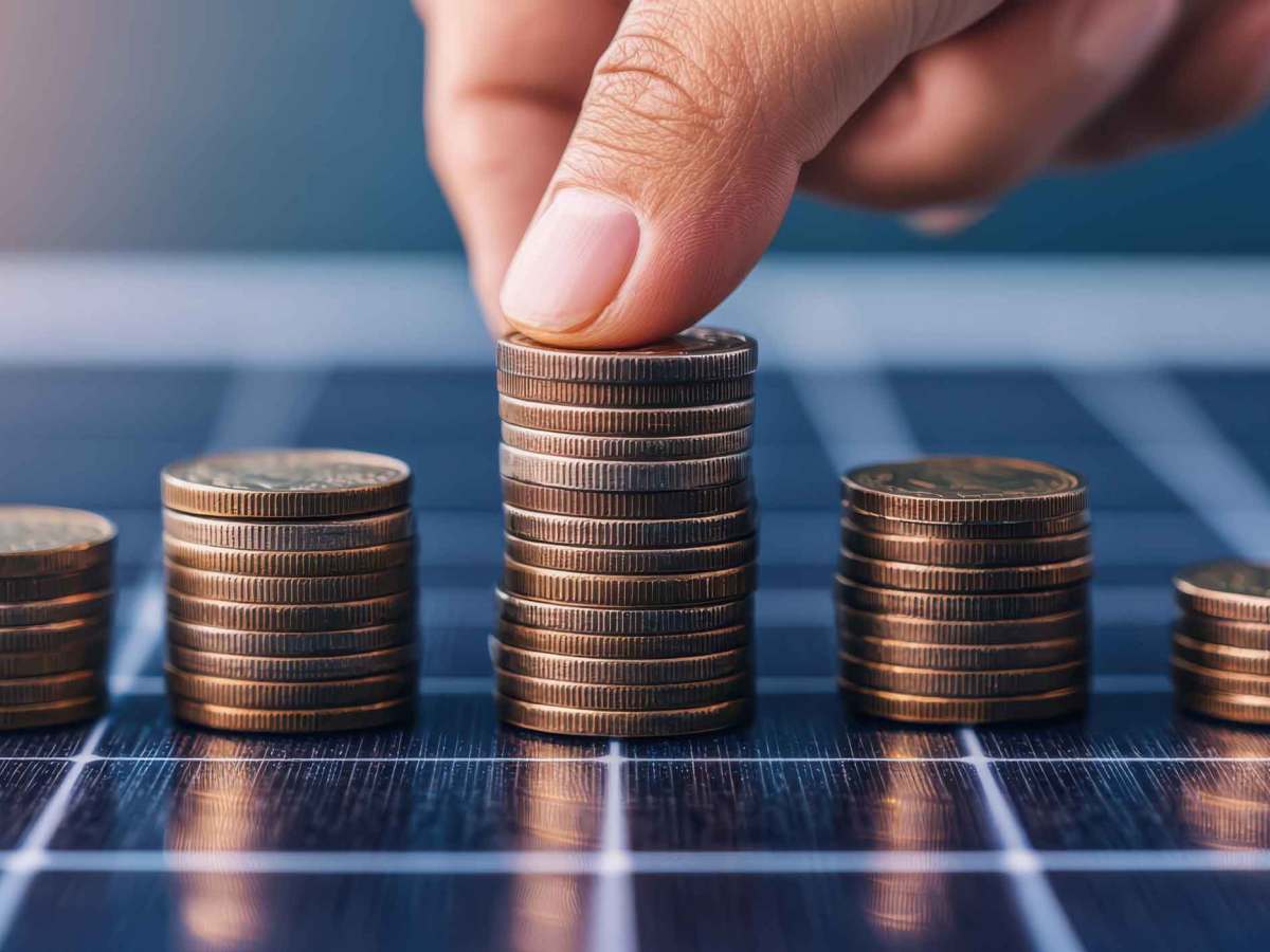 Eine Hand mit hellem Teint stapelt Münzen in gleichmäßigen Stapeln auf einer glänzenden Solarzellen-Oberfläche bei warmem Licht.