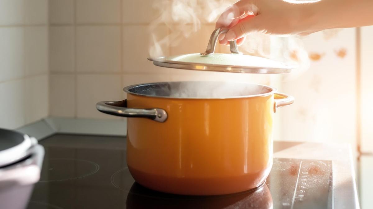 Frau hebt den Deckel von einem Kochtopf, der dampft.