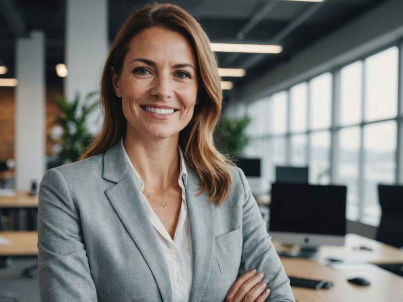 Frau steht mit verschränkten Armen im Büro und lacht.