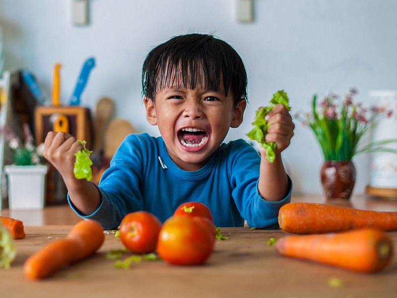 Junge, ca. 6 Jahre alt, steht in der Küche und schreit wütend in die Kamera, dabei zerdrückt er zwei Salatblätter. Vor ihm liegen Karotten und Tomaten.