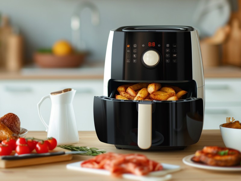 Airfryer steht auf Tisch, umgeben von verschiedenen Gerichten.
