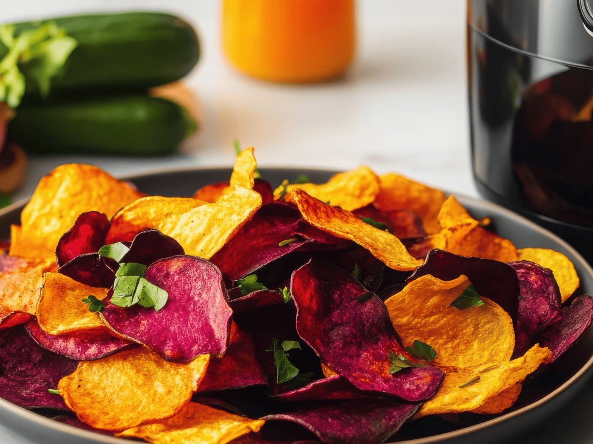 Verschiedene Gemüsechips vor einem Airfryer.