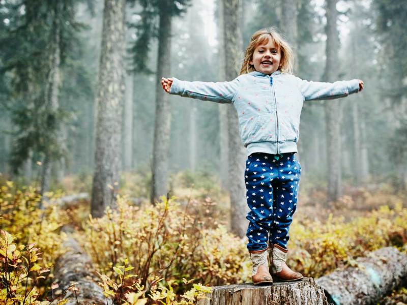 Lächelndes Mädchen, ca. 8 Jahre, steht auf einem Baumstumpf im Wald und breitet beide Arme aus.