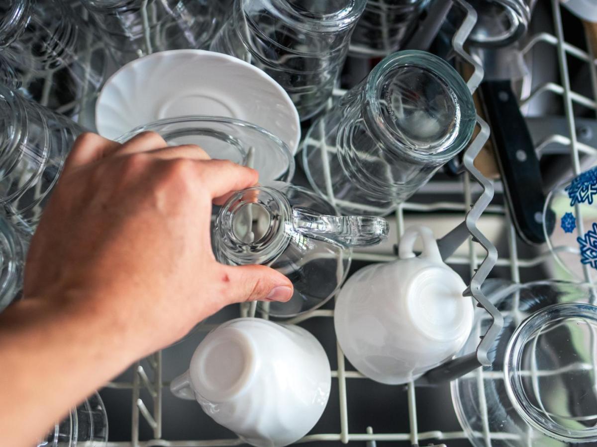 Person r&auml;umt Geschirr aus einer Sp&uuml;lmaschine.