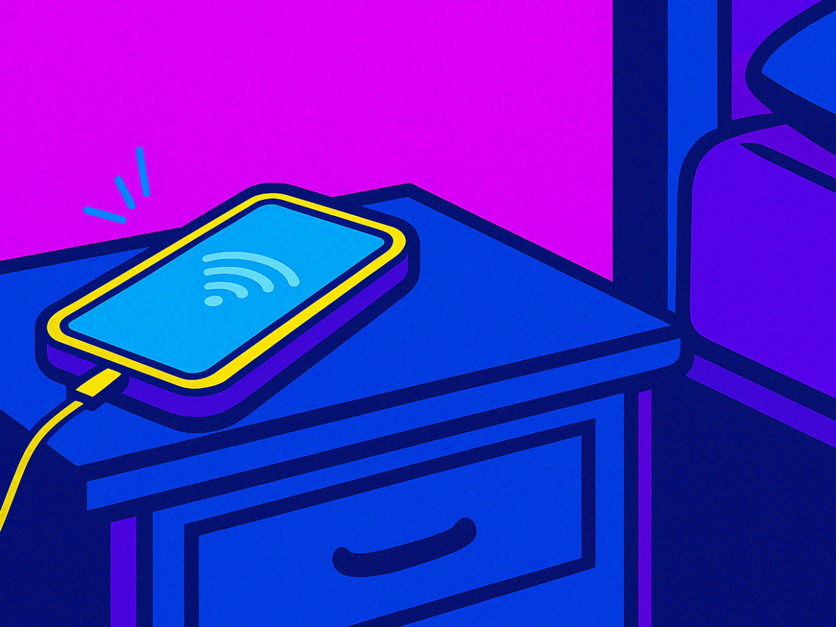 Pop Art Bild eines Smartphones auf Nachttisch, das aufl&auml;dt