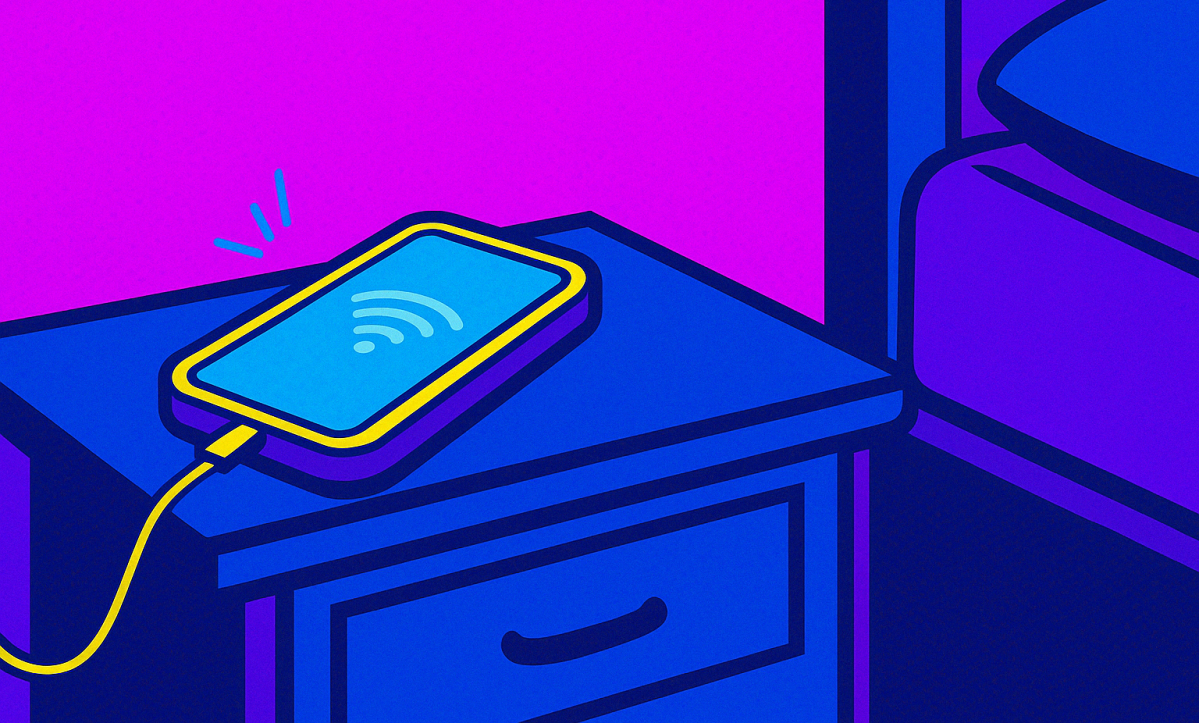 Pop Art Bild eines Smartphones auf Nachttisch, das auflädt