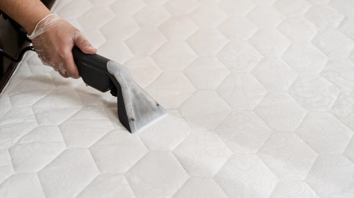 Hand in Nahaufnahme mit einem Polsterreiniger, der eine Matratze reinigt.