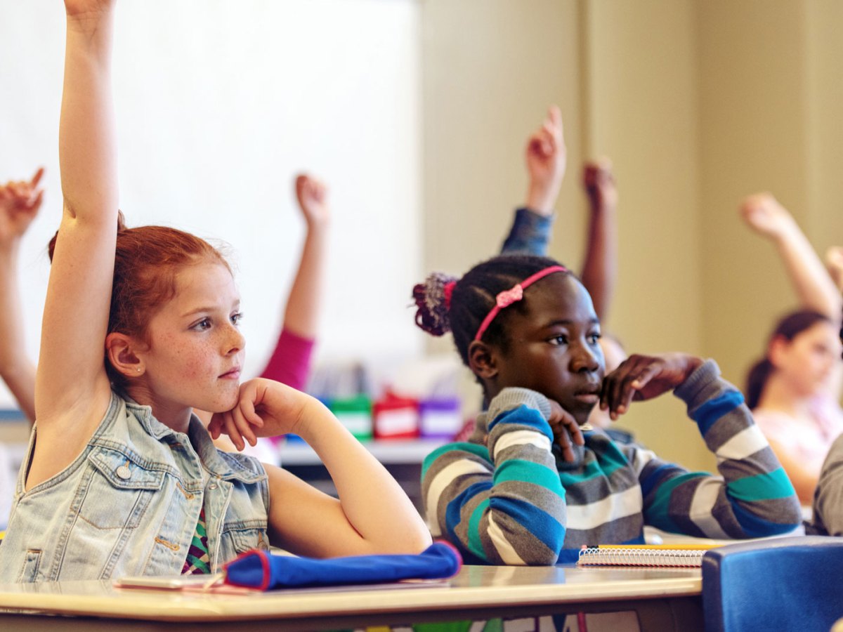 Ausschnitt einer Schulklasse mit Sch&uuml;ler*innen, die sich melden und Sch&uuml;ler*innen, die sich nicht melden.